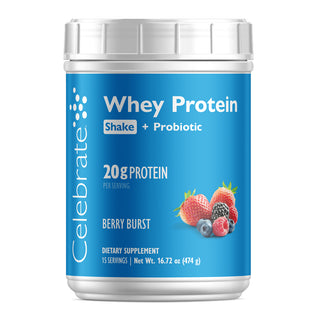 Celebrate Whey Protein Shake + Probiotic container with blue label and white cap on a white background