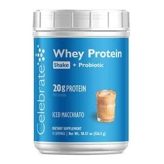 Celebrate Whey Protein Shake + Probiotic container with blue label and white lid on a white background