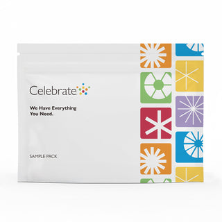 Product packaging with colorful geometric designs and 'Celebrate' branding on a white background