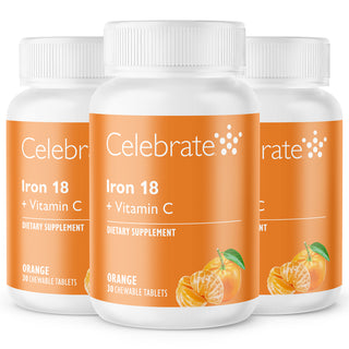 Three Celebrate Iron 18 + Vitamin C Orange 30-count chewable tablets bottles (90 total tablets)