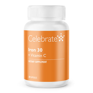 Celebrate Iron + C 30 mg capsule, 30 count bottle on white background