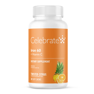 Celebrate Iron 60 + Vitamin C Soft Chews, Twisted Citrus, 30 count bottle on white background
