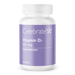 Vitamin D3 625mcg (25,000 IU) Capsules - Celebrate, dietary supplement for bone health.