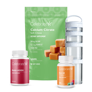 ds duodenal switch kit with ADEK capsules, Caramel calcium soft chews, and Berry chewable iron tablets