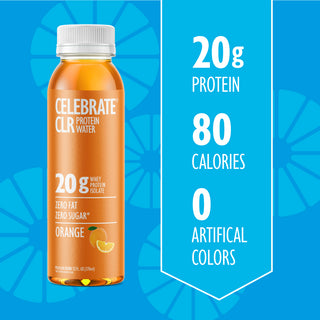 Orange protein water bottle with nutritional information on a blue background