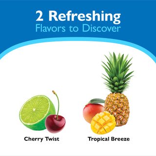 Promotional graphic with fruits and text about refreshing flavors.