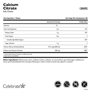 Celebrate Vitamins Calcium Citrate Soft Chew, caramel, supplement fact