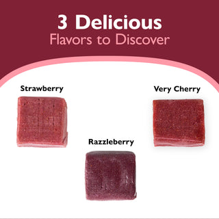 Three different flavored gummies labeled 'Strawberry', 'Very Cherry', and 'Razzleberry' on a white background with a red banner at the top.