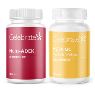Two dietary supplement bottles labeled 'Multi-ADEK' and 'META GC' by the brand 'Celebrate' on a white background.