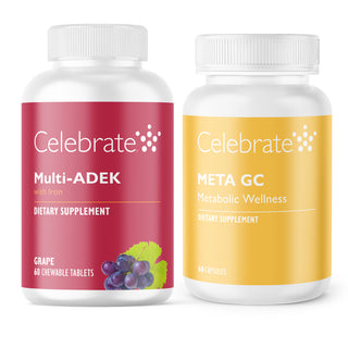 Two dietary supplement bottles labeled 'Multi-ADEK' and 'META GC' on a white background.