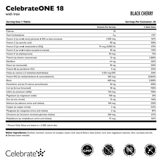 Nutritional label for CelebrateONE 18 supplement with black cherry flavor, showing ingredients and nutritional information.
