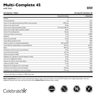 60 count bottle of Multi-Complete 45 chewable bariatric multivitamin with iron, berry - supplement facts