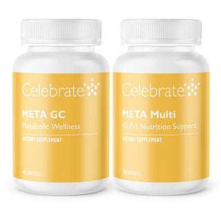 Two white plastic supplement bottles with white ribbed caps on a white background. Both bottles feature yellow labels with the brand name 'Celebrate' in white.