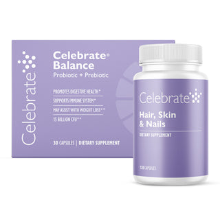 Celebrate Balance dietary supplement bottle and packaging on a white background