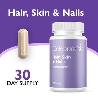 Celebrate Hair, Skin & Nails dietary supplement bottle with a single capsule shown beside it on a purple and white background, with text reading 'Hair, Skin & Nails' and '30 DAY SUPPLY'.