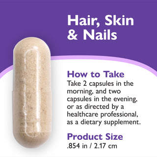 A dietary supplement capsule filled with beige powder, shown on a purple and white graphic background with text reading 'Hair, Skin & Nails' and 'How to Take'.
