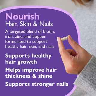 A hand holds a small supplement capsule against a purple promotional graphic that reads 'Nourish Hair, Skin & Nails' with text describing a targeted blend of biotin, iron, zinc, and copper for healthy hair, skin, and nails.