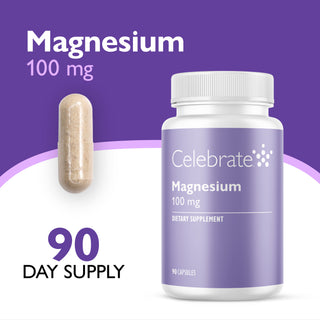 A bottle of Celebrate Magnesium 100 mg dietary supplement capsules shown on a purple and white background, alongside a single beige capsule and text indicating a 90 day supply.