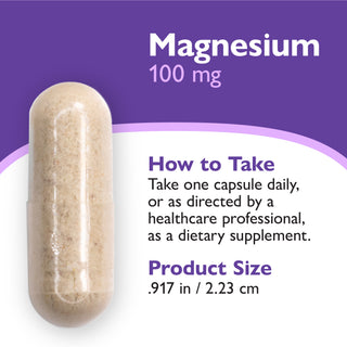 A supplement product graphic showing a single beige magnesium capsule on a purple and white background with text reading 'Magnesium 100 mg,' 'How to Take,' and 'Product Size .917 in / 2.