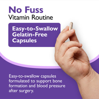 A hand holds a beige gelatin capsule against a white and purple promotional graphic that reads 'No Fuss Vitamin Routine' and 'Easy-to-Swallow Gelatin-Free Capsules.'.