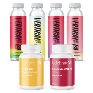 Five supplement bottles and tubs arranged on a white background: four tall Vertical Protein bottles in cherry limeade, lemonade, and other flavors, and two white tubs labeled Celebrate Meta GC and CelebrateONE 4S.