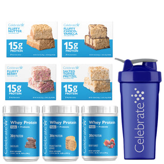 Celebrate brand protein shaker and protein powder set, featuring a blue shaker bottle alongside five boxes of protein powder and three tubs of whey protein in blue packaging on a white background.