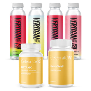 Four tall supplement bottles and two shorter supplement bottles arranged on a white background. The tall bottles have pink and yellow gradient labels reading VERTICAL PROTEIN 20+ PROTEIN, and the shorter bottles have white caps with yellow labels reading Celebrate Meta GC and Celebrate Multi-Well.