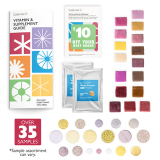Celebrate brand vitamin and supplement guide kit showing a colorful booklet, a promotional card, two silver pouches of powder, and many sample pills and powder cubes arranged on a white background.
