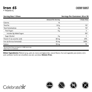  Celebrate Vitamins 45 mg Iron + Vitamin C Soft Chews, Cherry Burst Supplement Facts