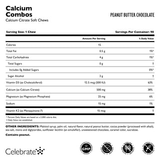 Supplement facts for Calcium Citrate Soft Chews Combos, Peanut Butter Chocolate, 90 count