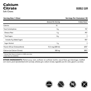 Nutritional label for Calcium Citrate Soft Chews in bubble gum flavor on a white background.