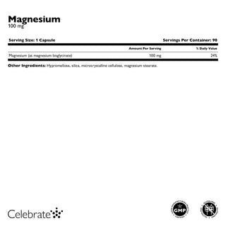 Nutritional label for magnesium supplement with 'Celebrate' branding.