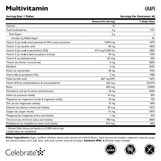 Celebrate Vitamins Iron Free Bariatric Multivitamin Chewable, Grape, 60 count bottle supplement facts