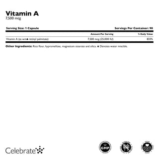 Vitamin A 7500mcg (25,000 IU) nutritional information panel with serving size and ingredients list.