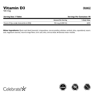 Vitamin D3 supplement label with details and branding on a white background