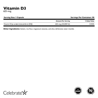 Vitamin D3 625mcg (25,000 IU) Capsules Supplement Facts Label, Post-Bariatric Support