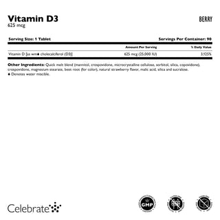 Vitamin D3 (25,000 IU) Quick-Melt Tablets, Berry, 90 Count - Nutritional information and ingredients list.