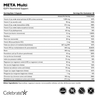 Nutritional label for META Multi supplement with various vitamins and minerals listed.