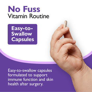 Promotional graphic for 'No Fuss Vitamin Routine' showing a hand holding a single easy-to-swallow capsule against a white and purple background with product text.