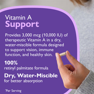 A hand holds a single capsule against a purple informational graphic that reads 'Vitamin A Support' with product details about a dry, water-miscible formula. No brand name is visible.
