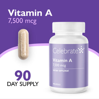Celebrate Vitamin A 3,000 mcg dietary supplement bottle with a single capsule shown beside it on a purple and white background, with text reading 'Vitamin A 3,000 mcg' and '90 Day Supply'.