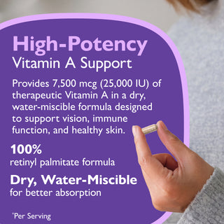 A purple informational graphic with text about high-potency Vitamin A support and a hand holding a small capsule pill.
