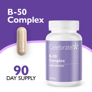 Celebrate B-50 Complex dietary supplement bottle with a white cap and lavender label, shown next to a single beige capsule on a purple and white background with '90 DAY SUPPLY' text.