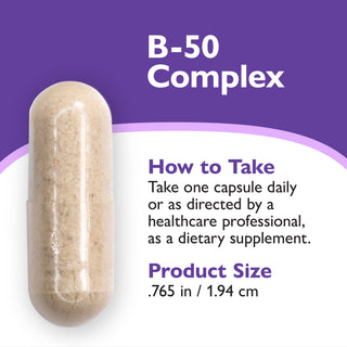 A beige B-50 Complex dietary supplement capsule shown on a purple and white graphic background with text detailing how to take and the product size.