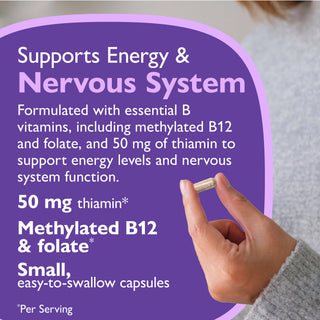 A purple informational graphic with text about a supplement supporting energy and the nervous system, plus a hand holding a small capsule. The text mentions 50 mg thiamin, methylated B12, and folate.
