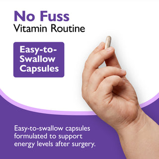 A hand holding a beige capsule against a white and purple graphic background with text reading 'No Fuss Vitamin Routine' and 'Easy-to-Swallow Capsules.'.