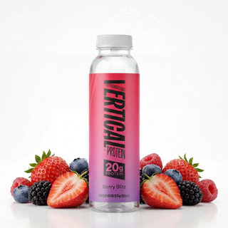 Picture showing Vertical Clear protein water bottle with fruit.