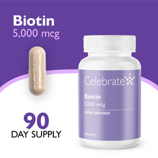 Celebrate Biotin 5,000 mcg dietary supplement bottle with a single capsule shown beside it on a purple and white background, with text indicating 90 day supply.