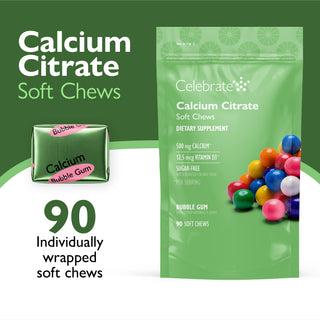Celebrate Calcium Citrate Soft Chews packaging with colorful gummies on a green background