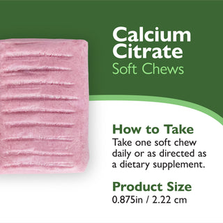 Pink calcium citrate soft chews with product information on a green and white background